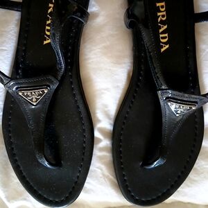Prada triangle Metal Logo-Thong W/ Back buckle strap-patent leather- As New